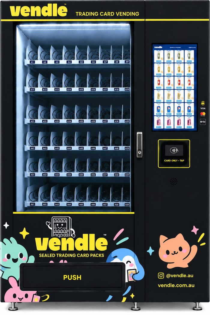 The Vendle WM22 vending machine, in a black wrap with playful mascot characters