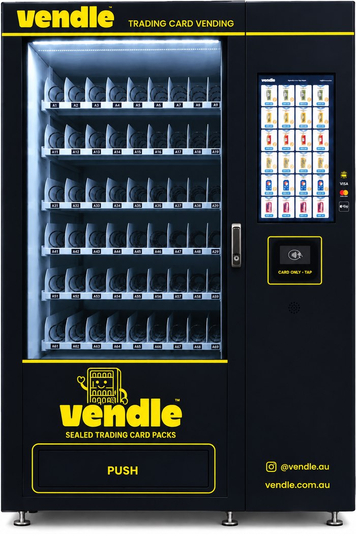 The Vendle WM22 vending machine, in a black and yellow geometric wrap