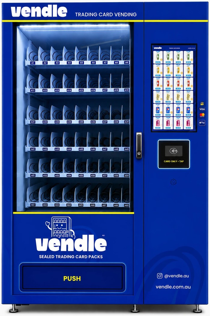 The Vendle WM22 vending machine, in a deep navy wrap with a geometric accent