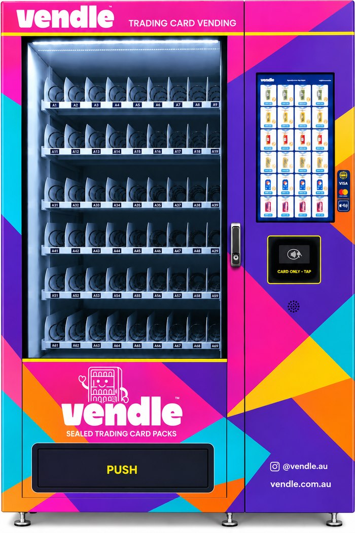 The Vendle WM22 vending machine, in a vibrant pink, purple and teal geometric wrap